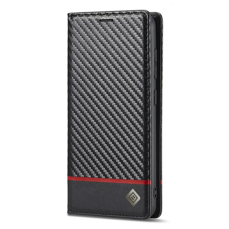 LC.IMEEKE Wallet Stand Design Anti-scratch Carbon Fiber Texture Magnetic Auto-absorbed Folio Flip PU Leather Phone Case Cover for Samsung Galaxy S22+ 5G - Horizontal Stripe
