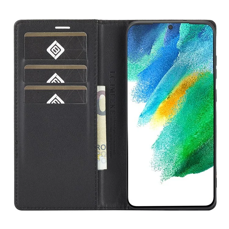LC.IMEEKE Wallet Stand Design Anti-scratch Carbon Fiber Texture Magnetic Auto-absorbed Folio Flip PU Leather Phone Case Cover for Samsung Galaxy S22+ 5G - Horizontal Stripe