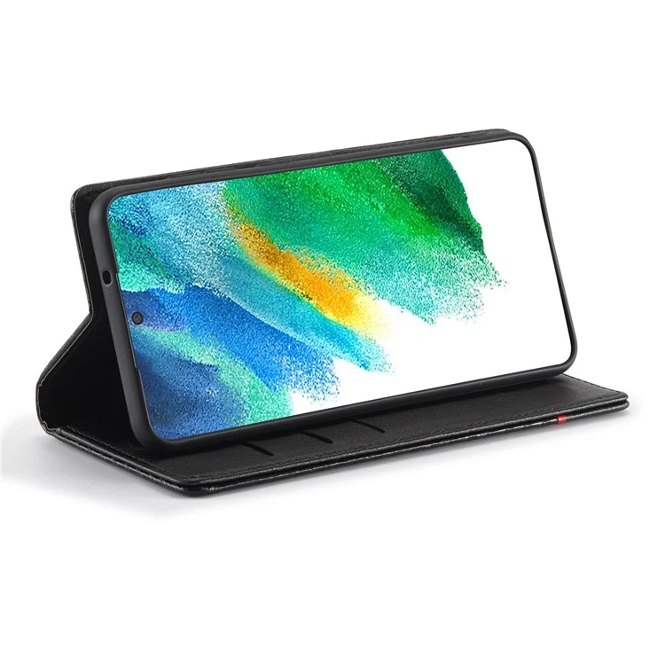 LC.IMEEKE Wallet Stand Design Anti-scratch Carbon Fiber Texture Magnetic Auto-absorbed Folio Flip PU Leather Phone Case Cover for Samsung Galaxy S22+ 5G - Horizontal Stripe