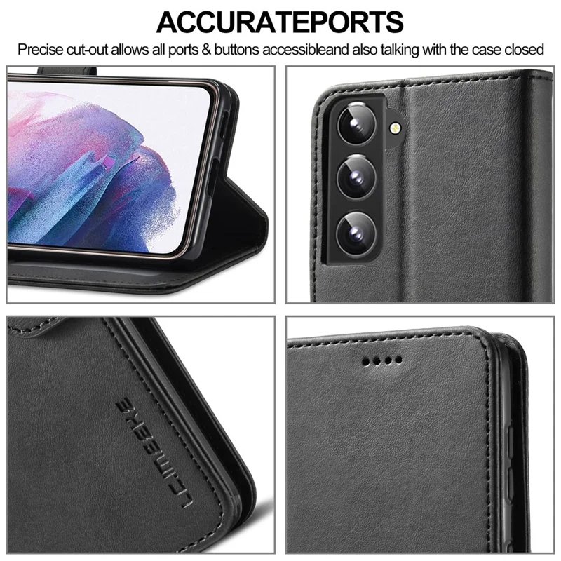 LC.IMEEKE Textured Wallet PU Leather Flip Folio Stand Case Fully Wrapped Phone Case Cover for Samsung Galaxy S21+ 5G - Black