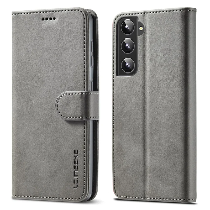 LC.IMEEKE Textured Wallet PU Leather Well-protected Flip Folio Stand Case Mobile Phone Case Cover for Samsung Galaxy S22+ 5G - Grey