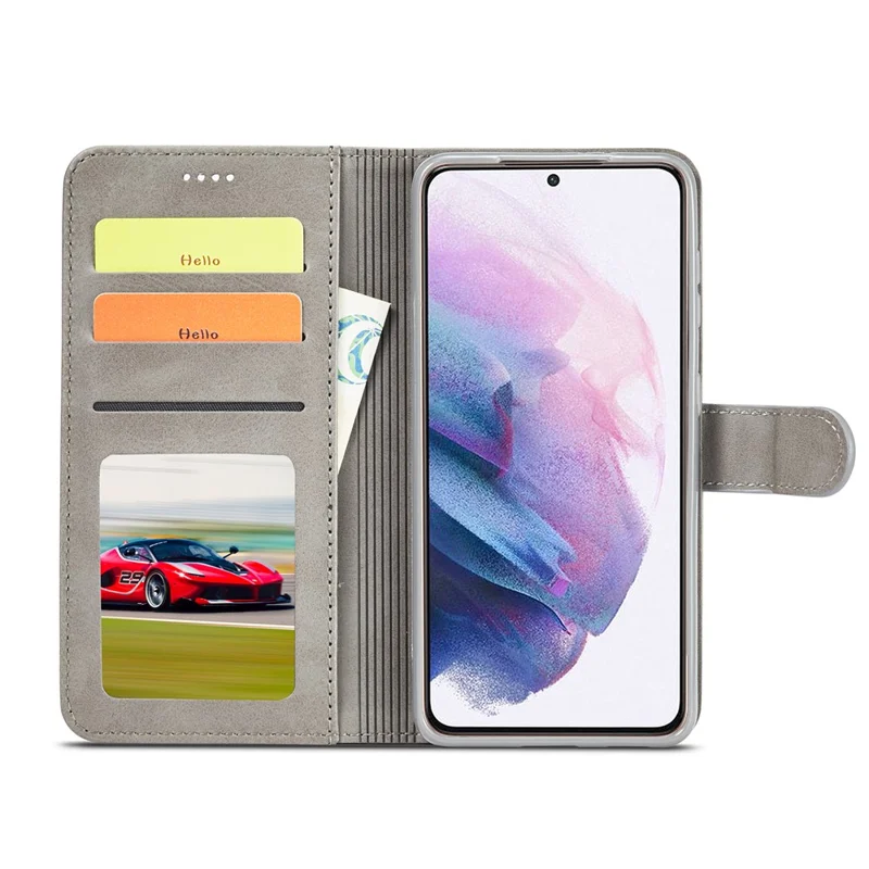 LC.IMEEKE Textured Wallet PU Leather Well-protected Flip Folio Stand Case Mobile Phone Case Cover for Samsung Galaxy S22+ 5G - Grey