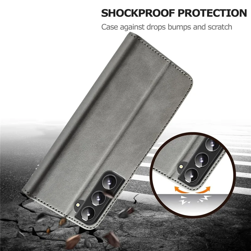 LC.IMEEKE Textured Wallet PU Leather Well-protected Flip Folio Stand Case Mobile Phone Case Cover for Samsung Galaxy S22+ 5G - Grey