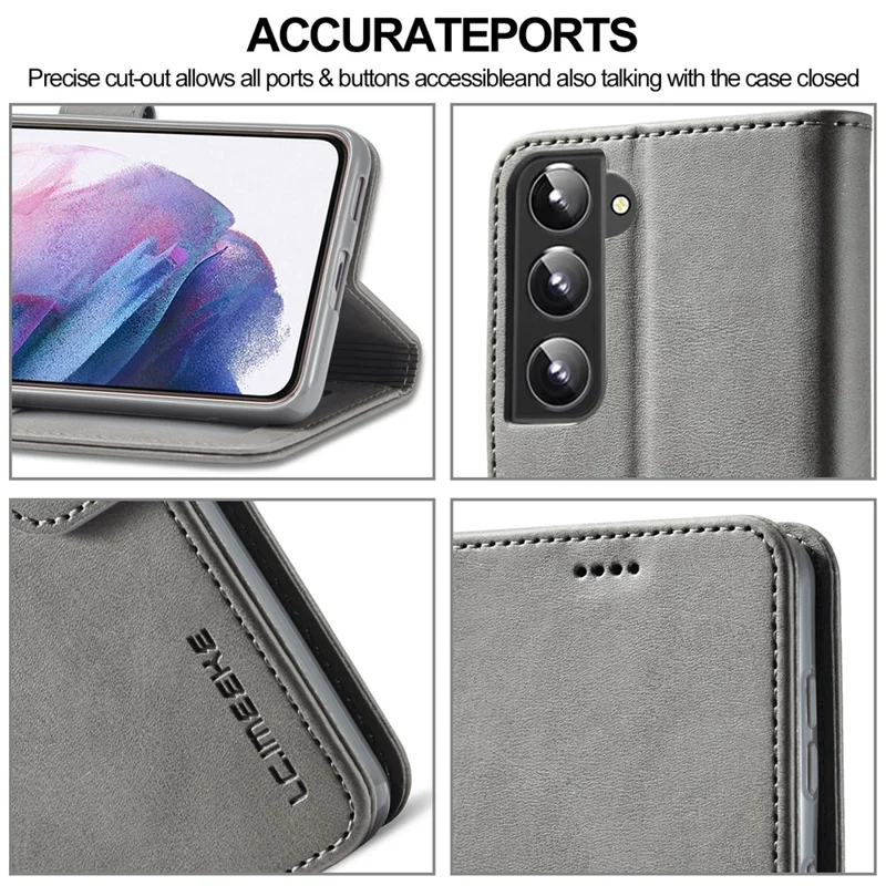 LC.IMEEKE Textured Wallet PU Leather Well-protected Flip Folio Stand Case Mobile Phone Case Cover for Samsung Galaxy S22+ 5G - Grey
