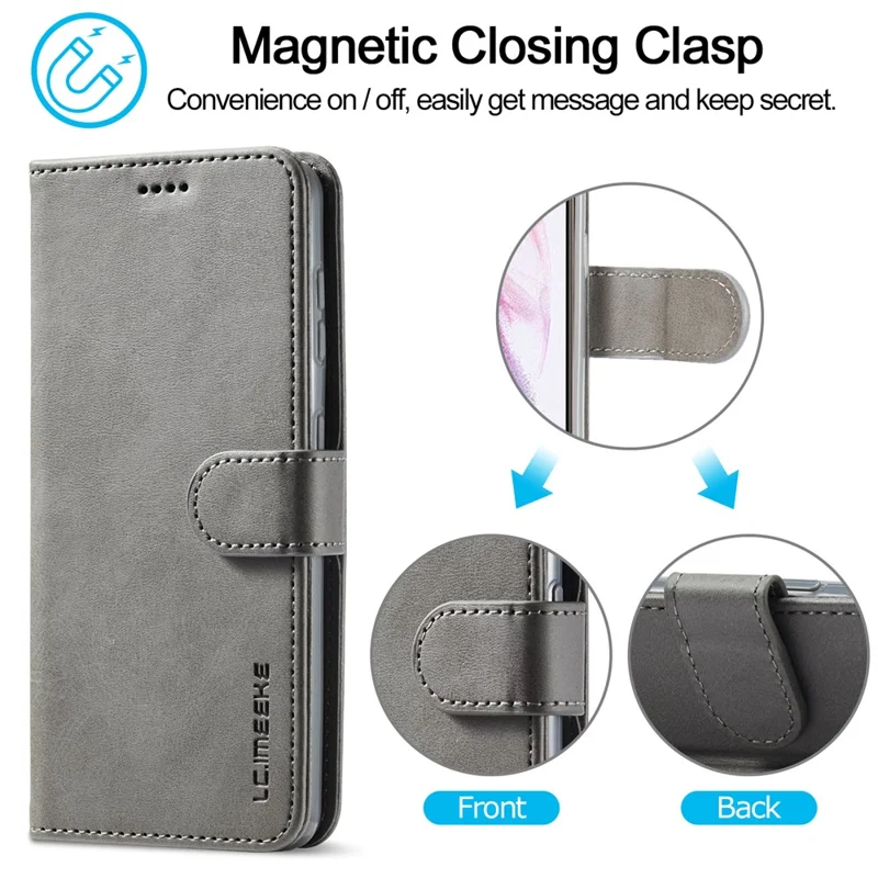 LC.IMEEKE Textured Wallet PU Leather Well-protected Flip Folio Stand Case Mobile Phone Case Cover for Samsung Galaxy S22+ 5G - Grey