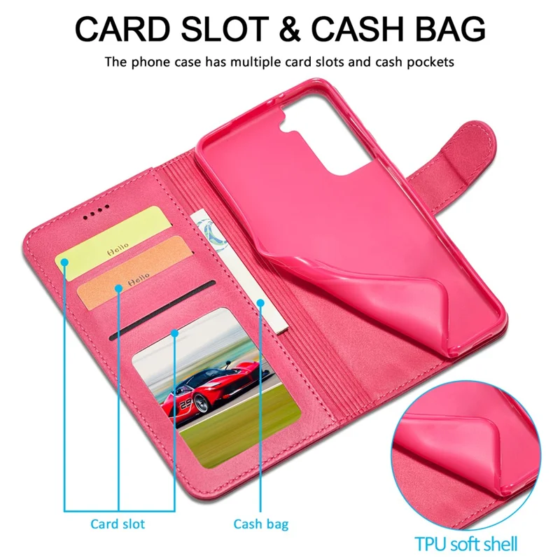 LC.IMEEKE Textured Wallet PU Leather Well-protected Flip Folio Stand Case Mobile Phone Case Cover for Samsung Galaxy S22+ 5G - Red