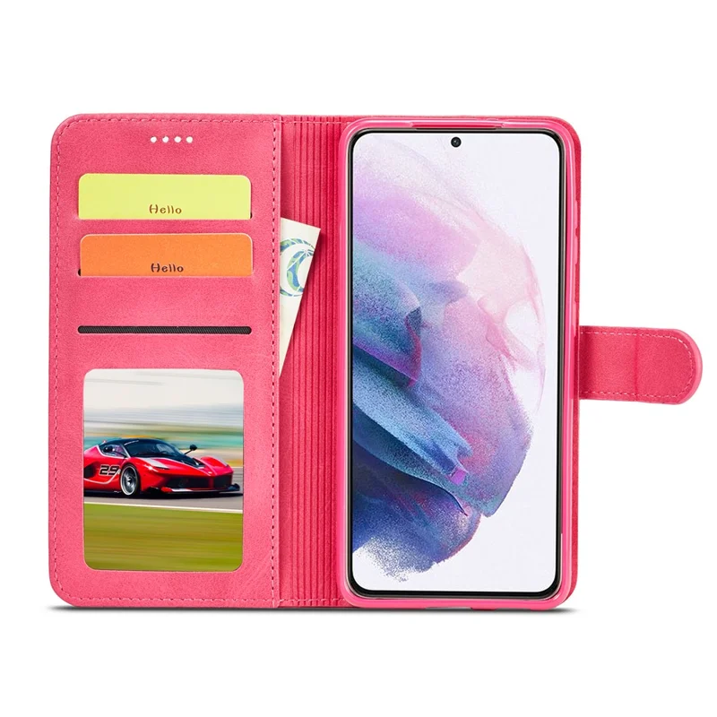 LC.IMEEKE Textured Wallet PU Leather Well-protected Flip Folio Stand Case Mobile Phone Case Cover for Samsung Galaxy S22+ 5G - Red