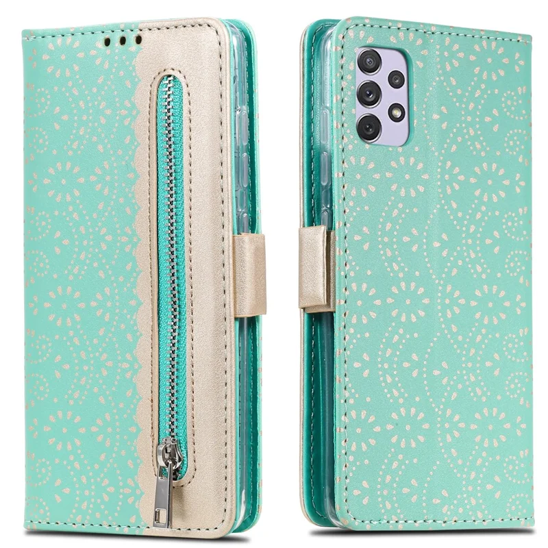 Fully Wrapped Lace Leather Case Zipper Wallet Stand Phone Cover with Bowknot Strap for Samsung Galaxy A53 5G - Green