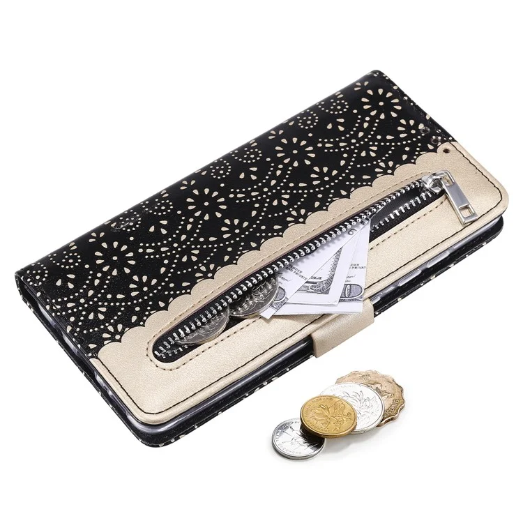 Zipper Wallet Stand Lace Leather Case Shockproof Phone Cover with Bowknot Strap for Samsung Galaxy A33 5G - Black
