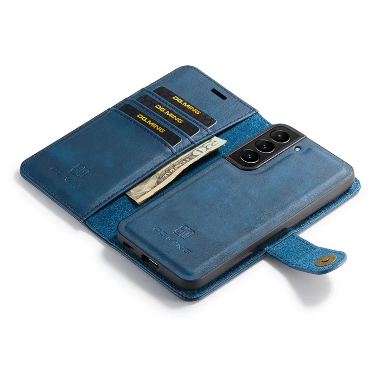 DG.MING Split Leder Geldbörse Vollschutz Gehäuse Abnehmbar 2-in-1 TPU Innenhülle für Samsung Galaxy S22+ 5G - Blau
