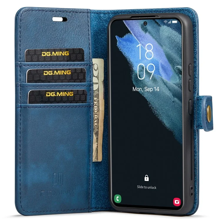 DG.MING Split Leder Geldbörse Vollschutz Gehäuse Abnehmbar 2-in-1 TPU Innenhülle für Samsung Galaxy S22+ 5G - Blau