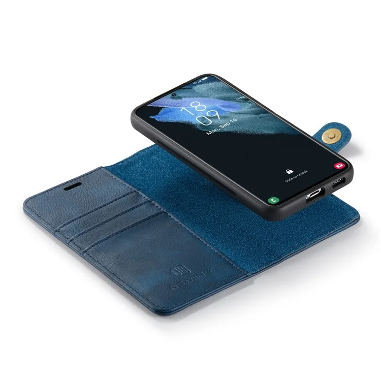 DG.MING Split Leder Geldbörse Vollschutz Gehäuse Abnehmbar 2-in-1 TPU Innenhülle für Samsung Galaxy S22+ 5G - Blau