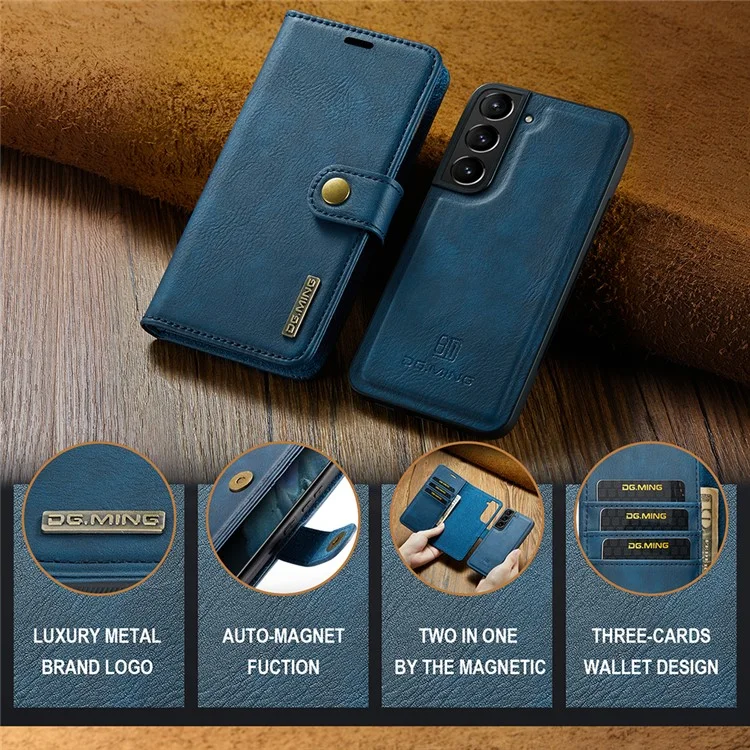 DG.MING Split Leder Geldbörse Vollschutz Gehäuse Abnehmbar 2-in-1 TPU Innenhülle für Samsung Galaxy S22+ 5G - Blau