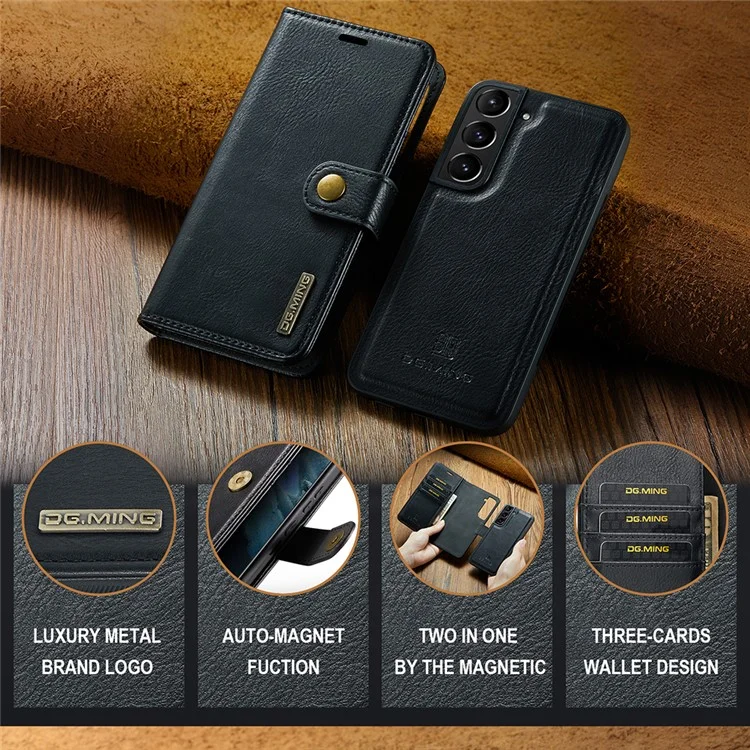 DG.MING Für Samsung Galaxy S22 5G Abnehmbare 2-in-1 Split Leder Komplett-Schutz-Schale Wallet Cover TPU Inner Phone Case - Schwarz