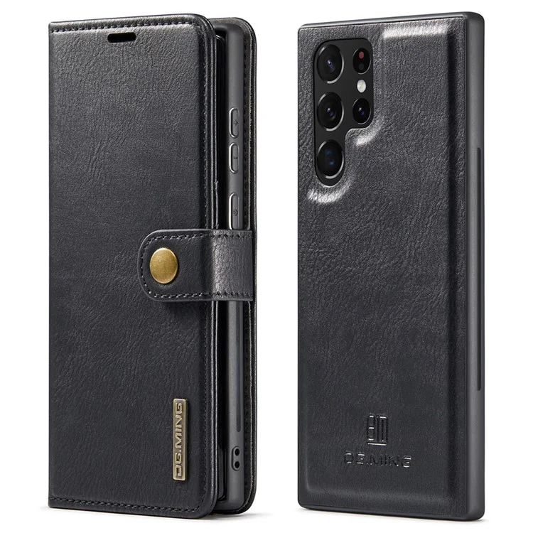 DG.MING Split Leather Case für Samsung Galaxy S22 Ultra 5G Abnehmbare 2-in-1 Wallet Phone Cover mit Ständer - Schwarz