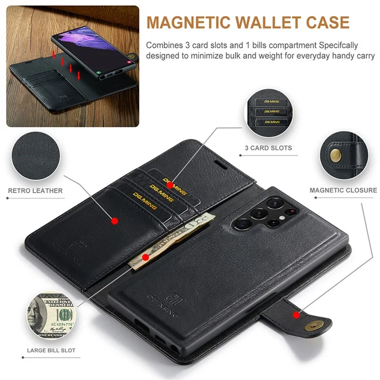 DG.MING Split Leather Case für Samsung Galaxy S22 Ultra 5G Abnehmbare 2-in-1 Wallet Phone Cover mit Ständer - Schwarz