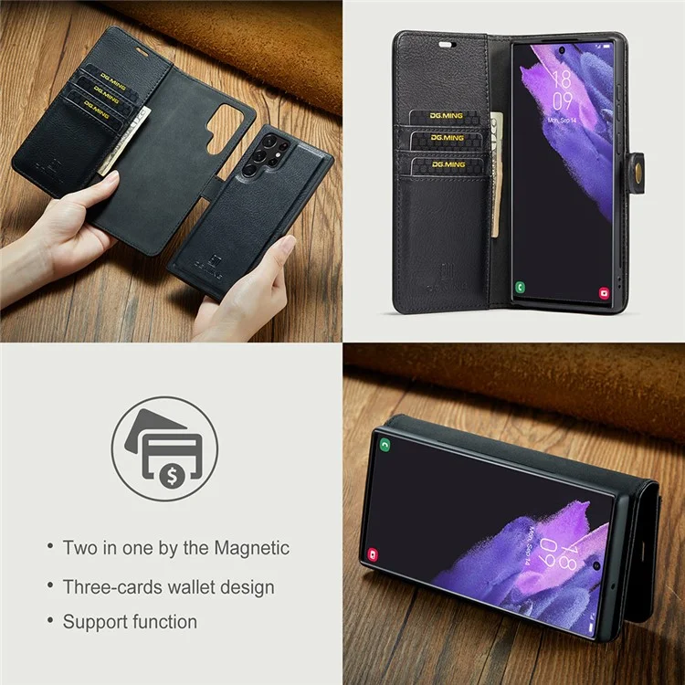 DG.MING Split Leather Case für Samsung Galaxy S22 Ultra 5G Abnehmbare 2-in-1 Wallet Phone Cover mit Ständer - Schwarz