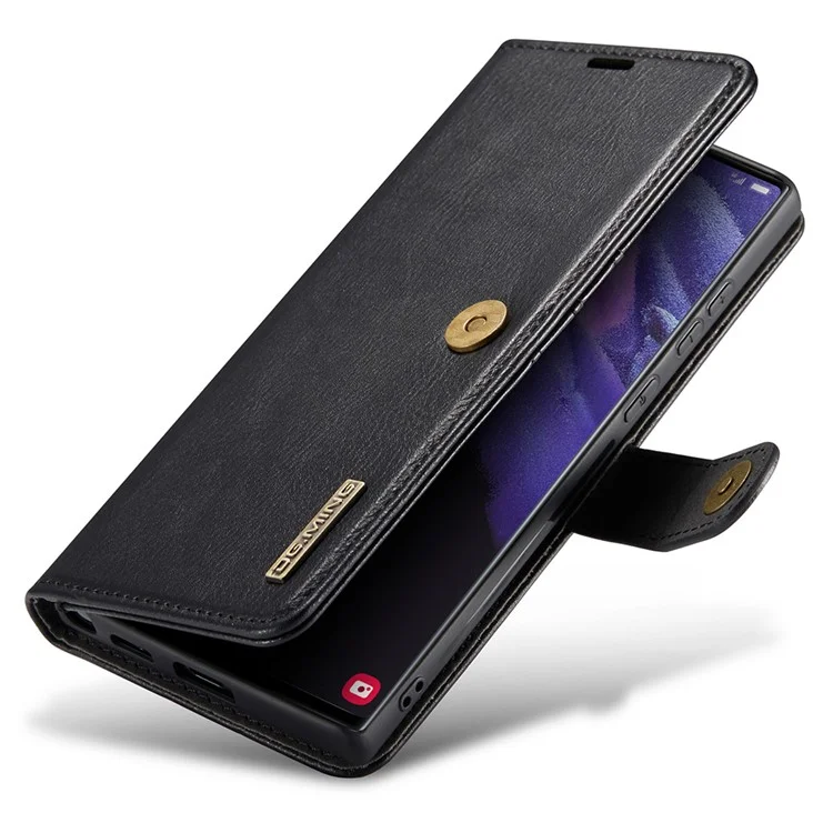 DG.MING Split Leather Case for Samsung Galaxy S22 Ultra 5G Detachable 2-in-1 Wallet Phone Cover with Stand - Black