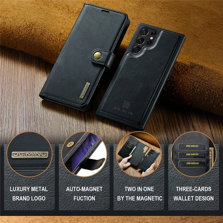 DG.MING Split Leather Case für Samsung Galaxy S22 Ultra 5G Abnehmbare 2-in-1 Wallet Phone Cover mit Ständer - Schwarz