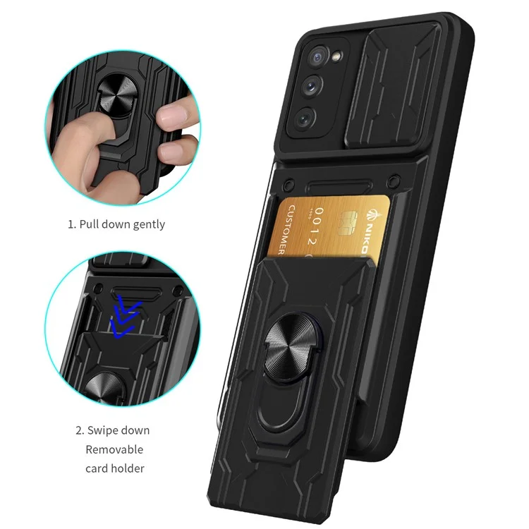 Card Holder Design Slide Camera Protection Shockproof PC + TPU Phone Case with Ring Kickstand for Samsung Galaxy S20 FE 2022/S20 FE/S20 FE 5G/S20 Lite - White