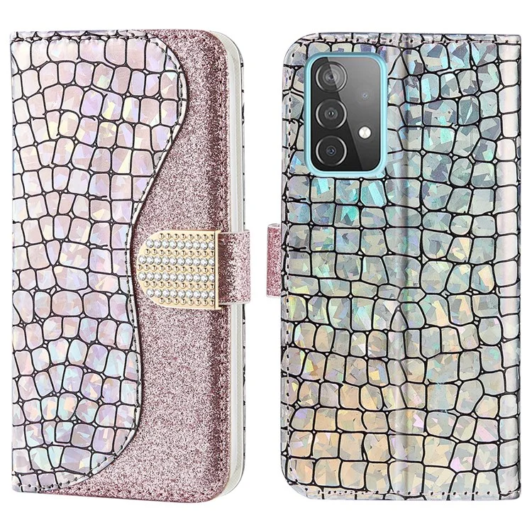 Crocodile Texture Glittery Powder Splicing PU Leather Stand Wallet Phone Case Cover for Samsung Galaxy A33 5G - Rose Gold