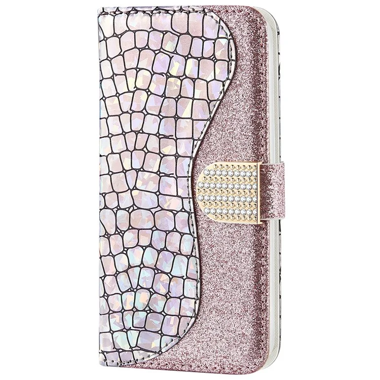 Crocodile Texture Glittery Powder Splicing PU Leather Stand Wallet Phone Case Cover for Samsung Galaxy A33 5G - Rose Gold
