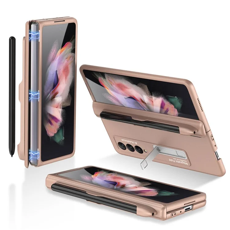 GKK Full Protection Magnetic Absorption Hinge Hard PC Folding Phone Case Cover with Kickstand and Pen Slot for Samsung Galaxy Z Fold3 5G - Rose Gold