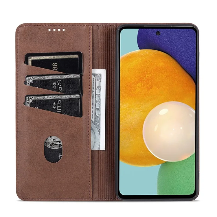 Azns Absorción Magnética PU pu Cubierta de Cubierta de Cuero Case de Teléfonos de Billetera de Protección Completa Para Samsung Galaxy M52 5G - Café