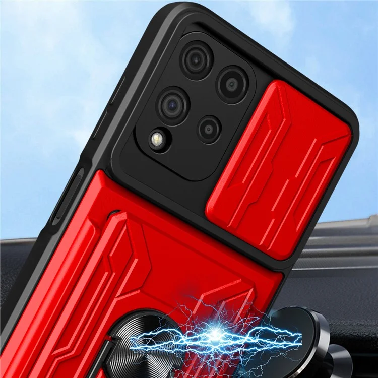 Дерзатель с Высокой Защитой от Скрещивания PC + TPU Slide Lins Case с Подставкой Для Крепления Для Автомобиля Для Samsung Galaxy A22 4G (версия Eu) - Серый