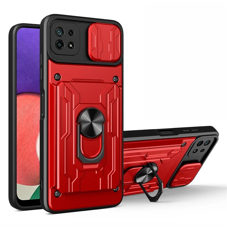 Kickstand Hard PC TPU Soft TPU Choque Tape Com Suporte Para Cartão e Tampa da Câmera Deslizante Para Samsung Galaxy A22 5G (versão da Ue) - Vermelho