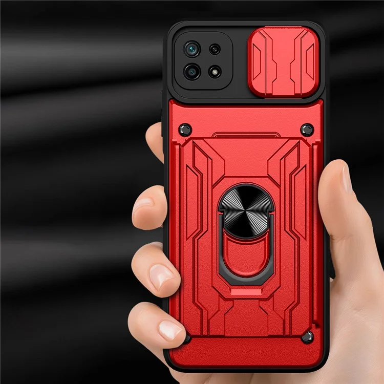 Kickstand Hard PC TPU Soft TPU Choque Tape Com Suporte Para Cartão e Tampa da Câmera Deslizante Para Samsung Galaxy A22 5G (versão da Ue) - Vermelho