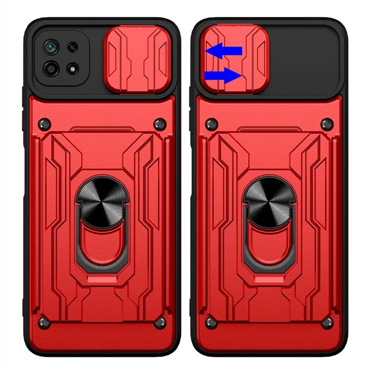 Kickstand Hard PC TPU Soft TPU Choque Tape Com Suporte Para Cartão e Tampa da Câmera Deslizante Para Samsung Galaxy A22 5G (versão da Ue) - Vermelho