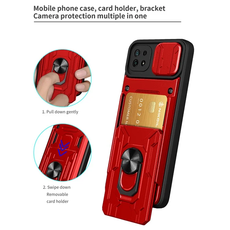 Kickstand Hard PC TPU Soft TPU Choque Tape Com Suporte Para Cartão e Tampa da Câmera Deslizante Para Samsung Galaxy A22 5G (versão da Ue) - Vermelho