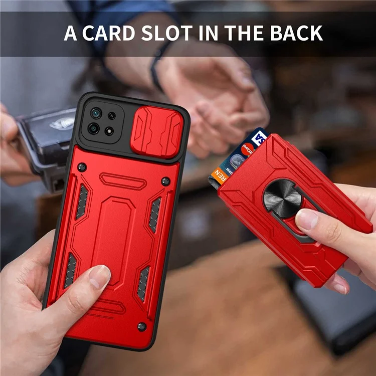 Kickstand Hard PC TPU Soft TPU Choque Tape Com Suporte Para Cartão e Tampa da Câmera Deslizante Para Samsung Galaxy A22 5G (versão da Ue) - Vermelho