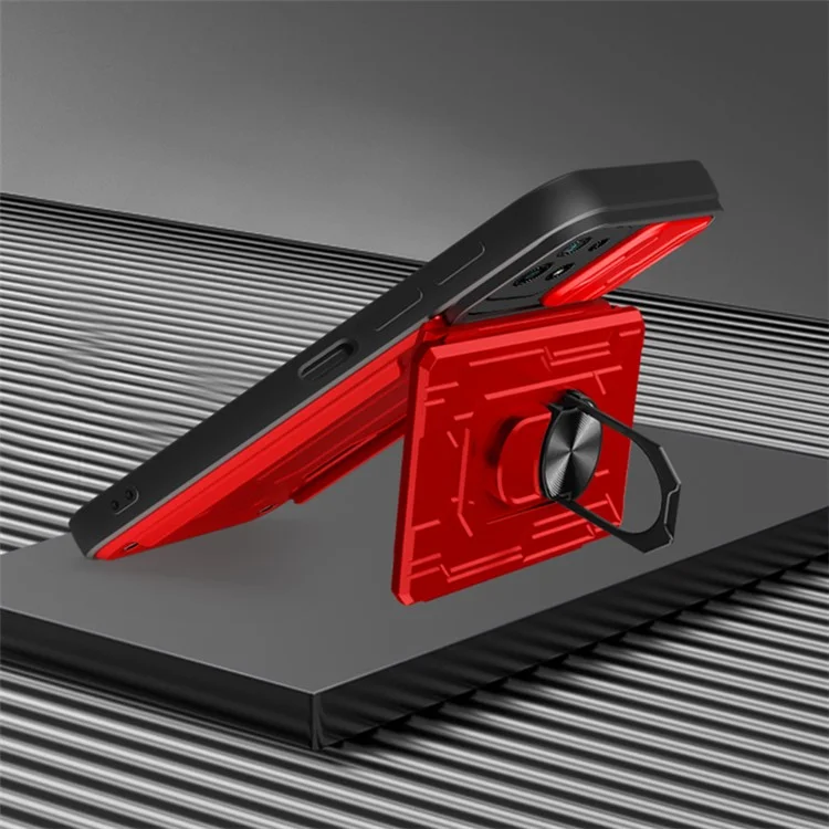 Kickstand Hard PC TPU Soft TPU Choque Tape Com Suporte Para Cartão e Tampa da Câmera Deslizante Para Samsung Galaxy A22 5G (versão da Ue) - Vermelho