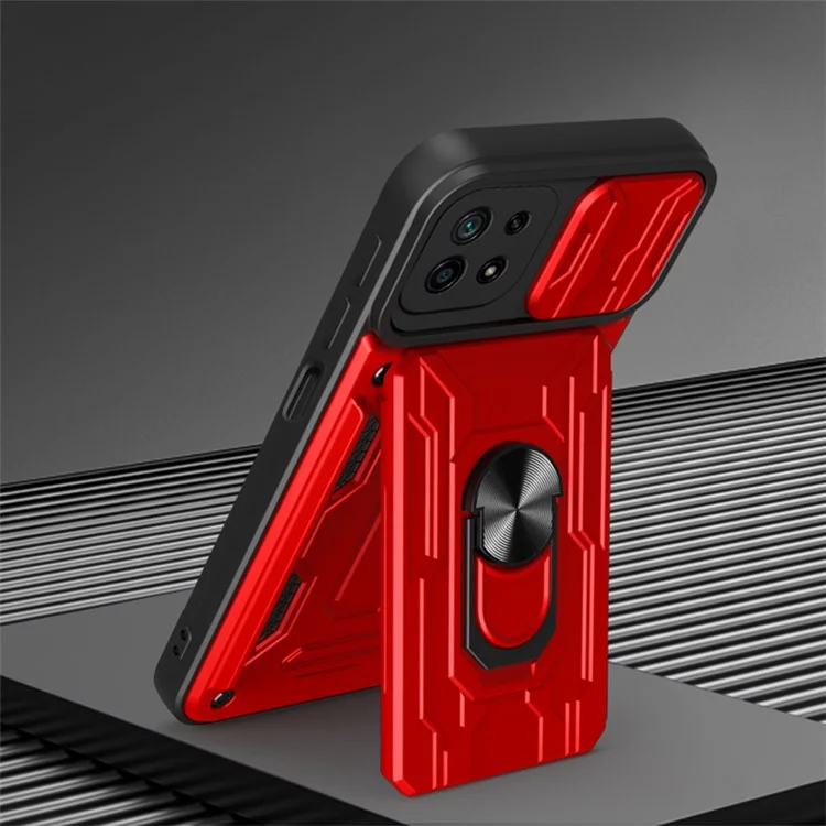 Kickstand Hard PC TPU Soft TPU Choque Tape Com Suporte Para Cartão e Tampa da Câmera Deslizante Para Samsung Galaxy A22 5G (versão da Ue) - Vermelho