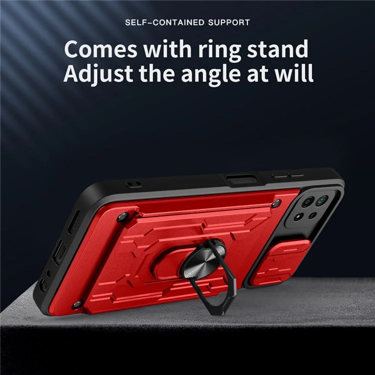 Kickstand Hard PC TPU Soft TPU Choque Tape Com Suporte Para Cartão e Tampa da Câmera Deslizante Para Samsung Galaxy A22 5G (versão da Ue) - Vermelho