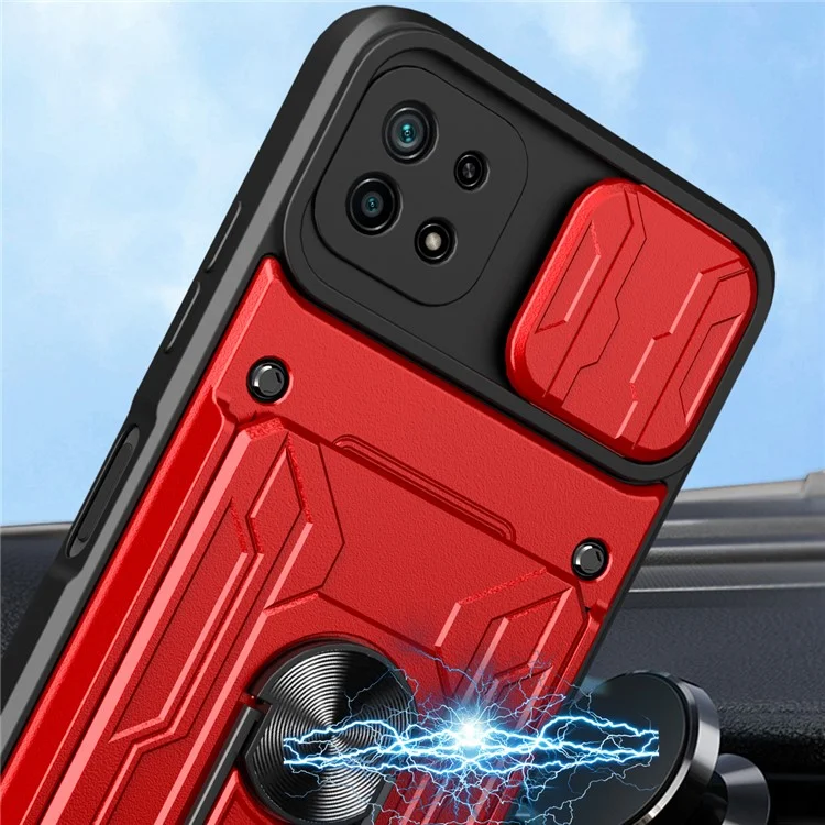 Kickstand Hard PC TPU Soft TPU Choque Tape Com Suporte Para Cartão e Tampa da Câmera Deslizante Para Samsung Galaxy A22 5G (versão da Ue) - Vermelho