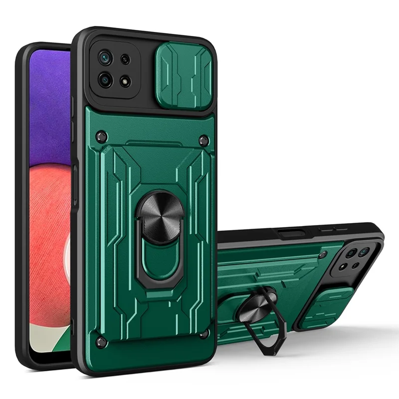 Kickstand Hard PC Soft TPU Shockproof Phone Cover with Card Holder and Slide Camera Cover for Samsung Galaxy A22 5G (EU Version) - Blackish Green