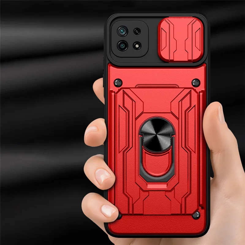 Kickstand Hard PC Soft TPU Shockproof Phone Cover with Card Holder and Slide Camera Cover for Samsung Galaxy A22 5G (EU Version) - Blackish Green