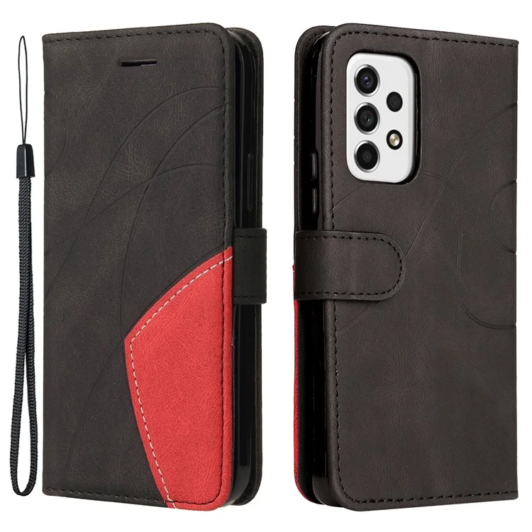 For Samsung Galaxy A53 5G Leather Case Wallet Stand Color Splicing Phone Cover - Black