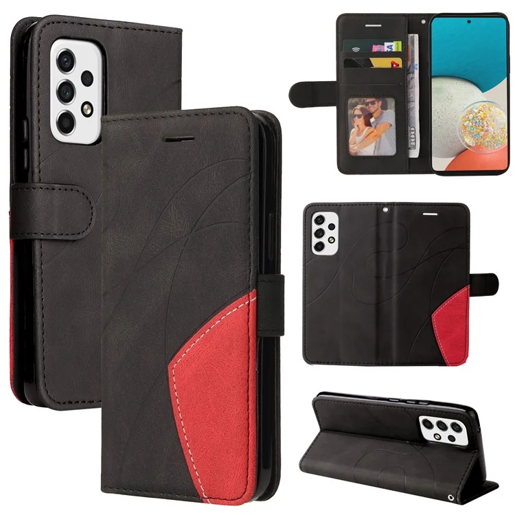 For Samsung Galaxy A53 5G Leather Case Wallet Stand Color Splicing Phone Cover - Black