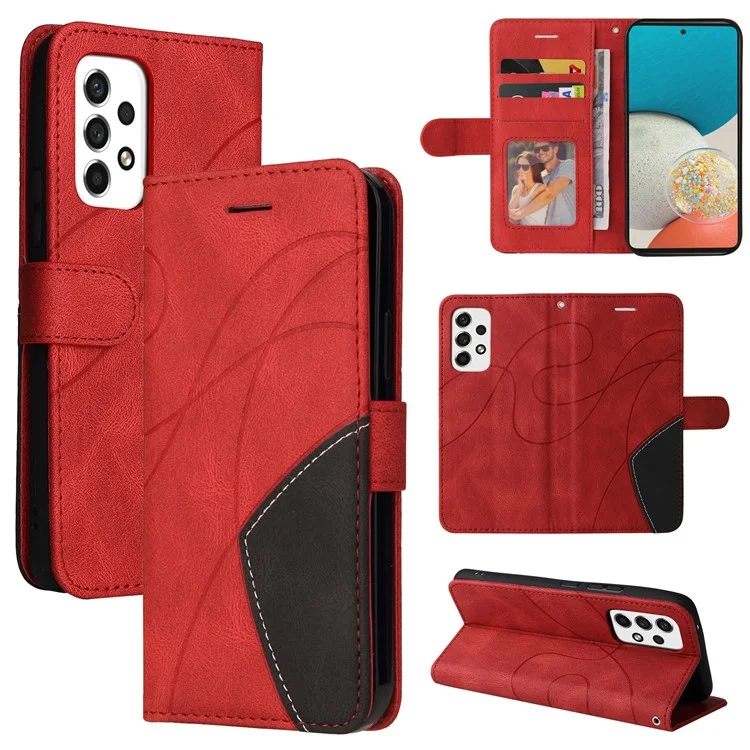 KT Leather Series-1 Dual-color Splicing PU Leather Protective Case Wallet Stand Mobile Phone Cover with Hand Strap for Samsung Galaxy A53 5G - Vermelho