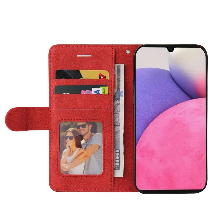 KT Leather Series-1 Dual-color Splicing Design PU Leder Geldbörse Ständer Handy Cover Hülle mit Handschlaufe für Samsung Galaxy A33 5G - Rot