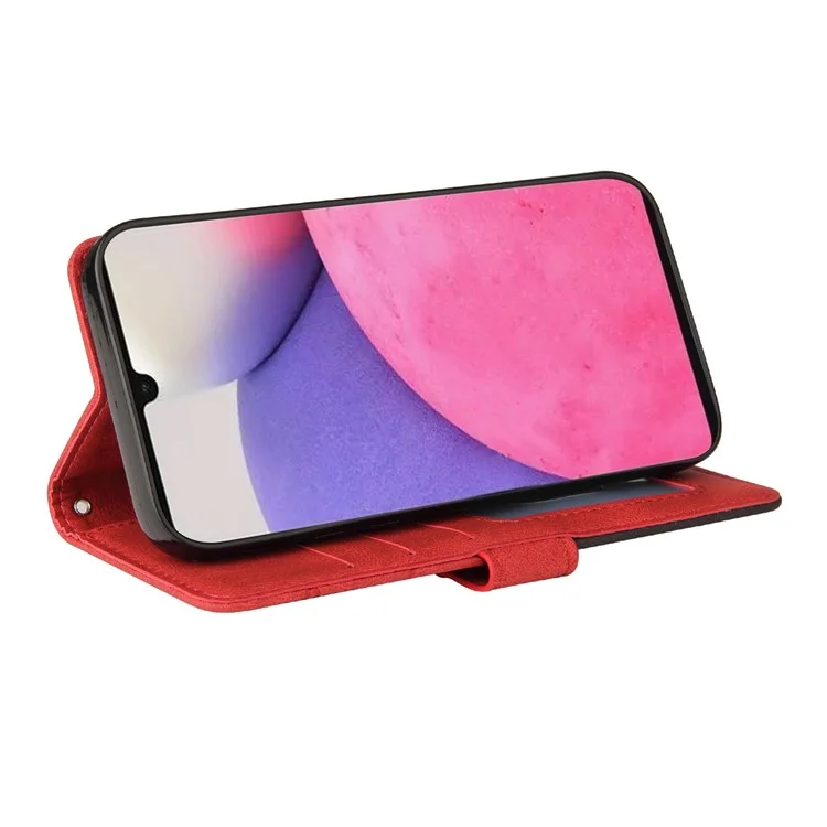 KT Leather Series-1 Dual-color Splicing Design PU Leder Geldbörse Ständer Handy Cover Hülle mit Handschlaufe für Samsung Galaxy A33 5G - Rot