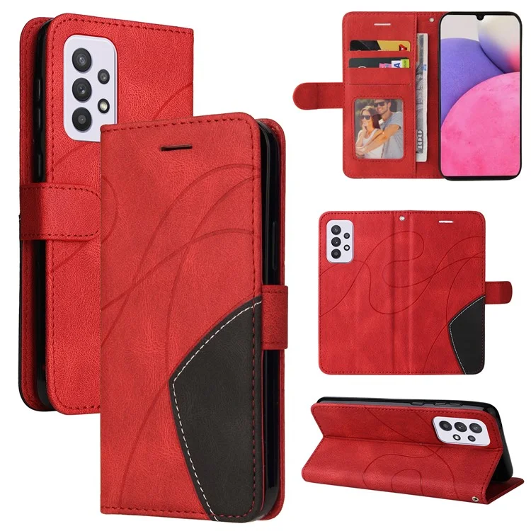 KT Leather Series-1 Dual-color Splicing Design PU Leder Geldbörse Ständer Handy Cover Hülle mit Handschlaufe für Samsung Galaxy A33 5G - Rot