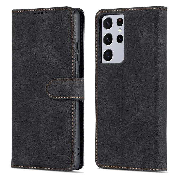 AZNS Magnetic Closure PU Leather Flip Wallet Case Stand Shockproof TPU Inner Shell Phone Cover for Samsung Galaxy S21 Ultra 5G - Black