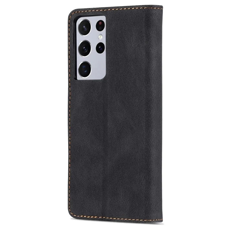 AZNS Magnetic Closure PU Leather Flip Wallet Case Stand Shockproof TPU Inner Shell Phone Cover for Samsung Galaxy S21 Ultra 5G - Black