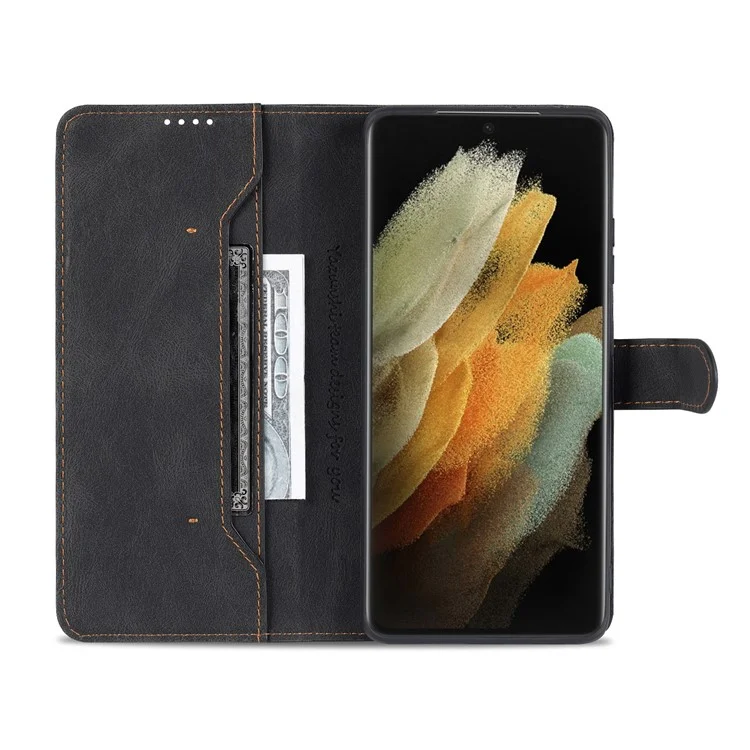 AZNS Magnetic Closure PU Leather Flip Wallet Case Stand Shockproof TPU Inner Shell Phone Cover for Samsung Galaxy S21 Ultra 5G - Black