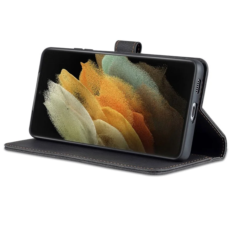 AZNS Magnetic Closure PU Leather Flip Wallet Case Stand Shockproof TPU Inner Shell Phone Cover for Samsung Galaxy S21 Ultra 5G - Black
